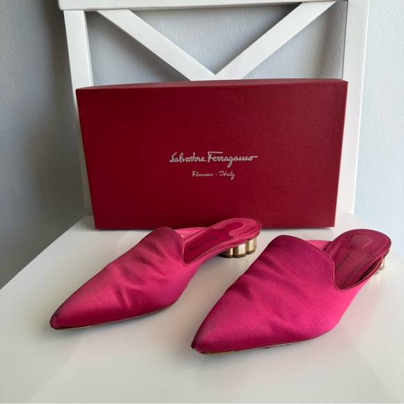 Salvatore Ferragamo Shoes - Salvatore Ferragamo Maida Satin Pointed Toe Low Heeled Mules in Fuchsia Pink